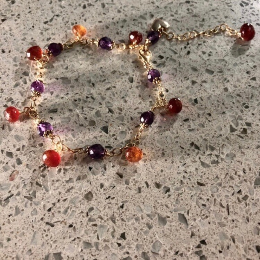 Genuine Natural Amethyst Hessonite Garnet gold filled Anklet Bracelet
